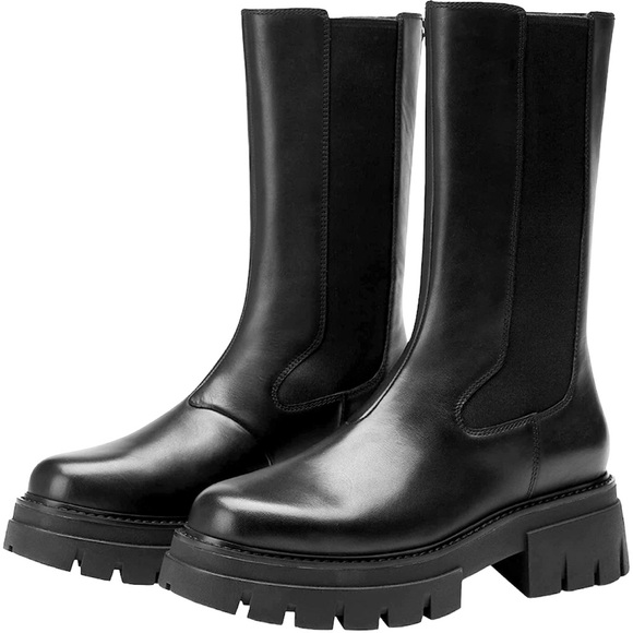Ash Shoes - ASH Lennox Mid Calf Black Leather Chunky Lug Sole Chelsea Boots Platform 8.5 39